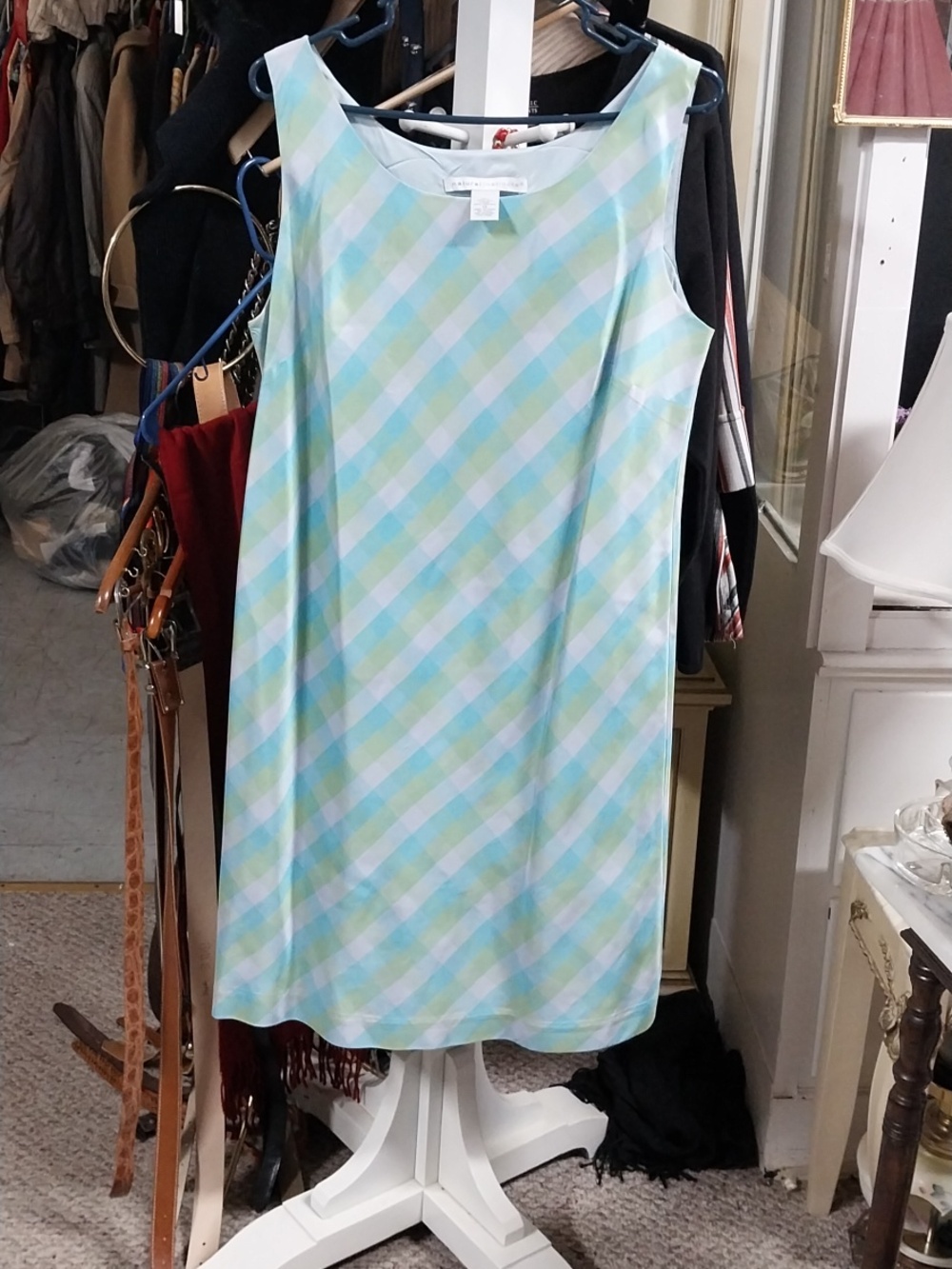 Vtg. Natural Instincts Silk Sleeveless Gingham Shift Dress - Light Blue & Mint